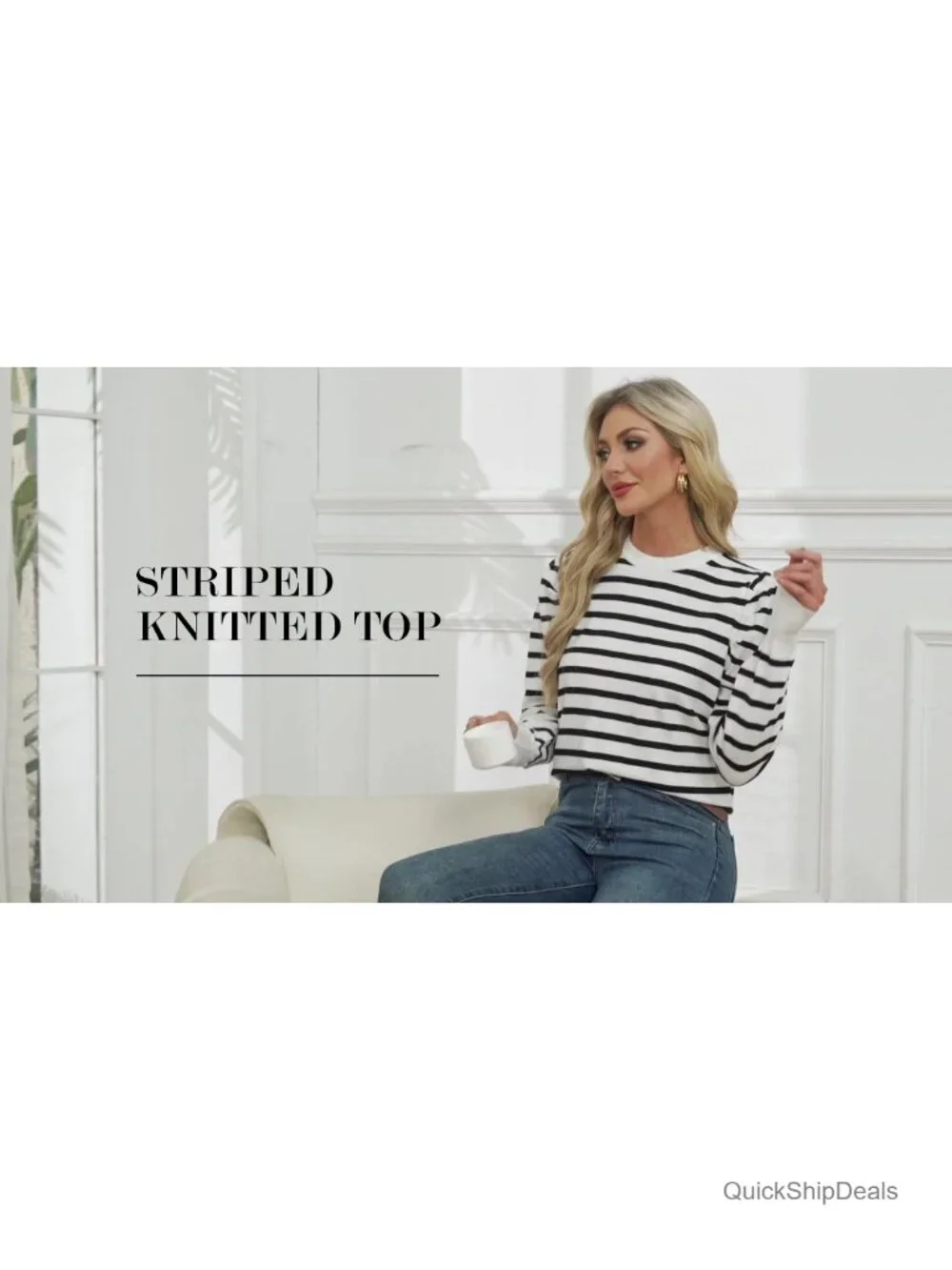Striped Puff Long Sleeve Knit Pullover Sweater Women Casual Crew Neck